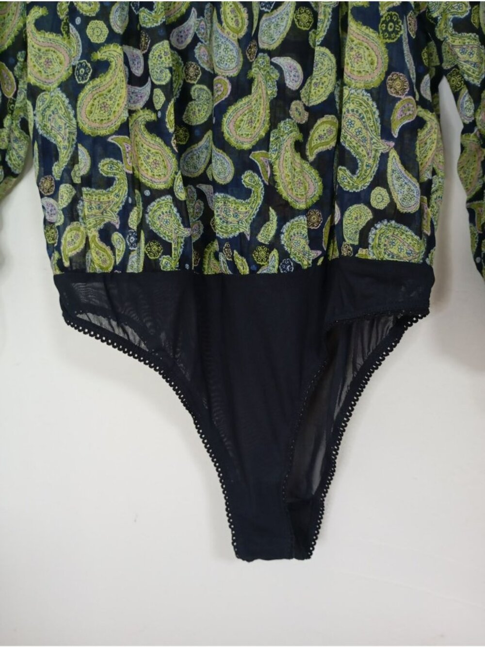 Free People Paisley Print Bodysuit Long Sleeves & Drawstring Cuffs XL Navy Green - Picture 5 of 13